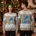 Personalized Detroit Lions Santa Sleigh Custom Name Ugly Christmas Sweater