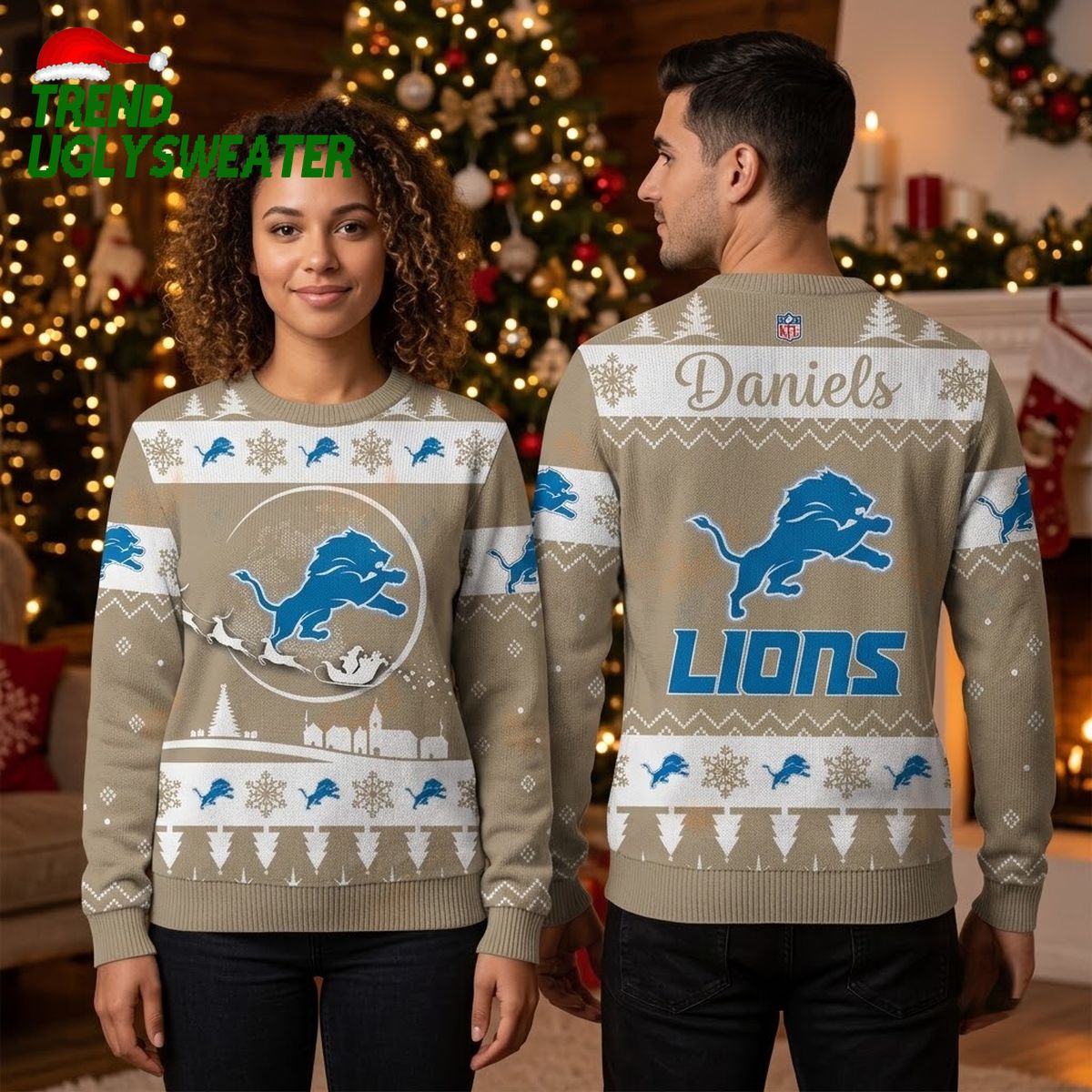 Personalized Detroit Lions Santa Sleigh Custom Name Ugly Christmas Sweater