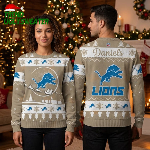 Personalized Detroit Lions Santa Sleigh Custom Name Ugly Christmas Sweater