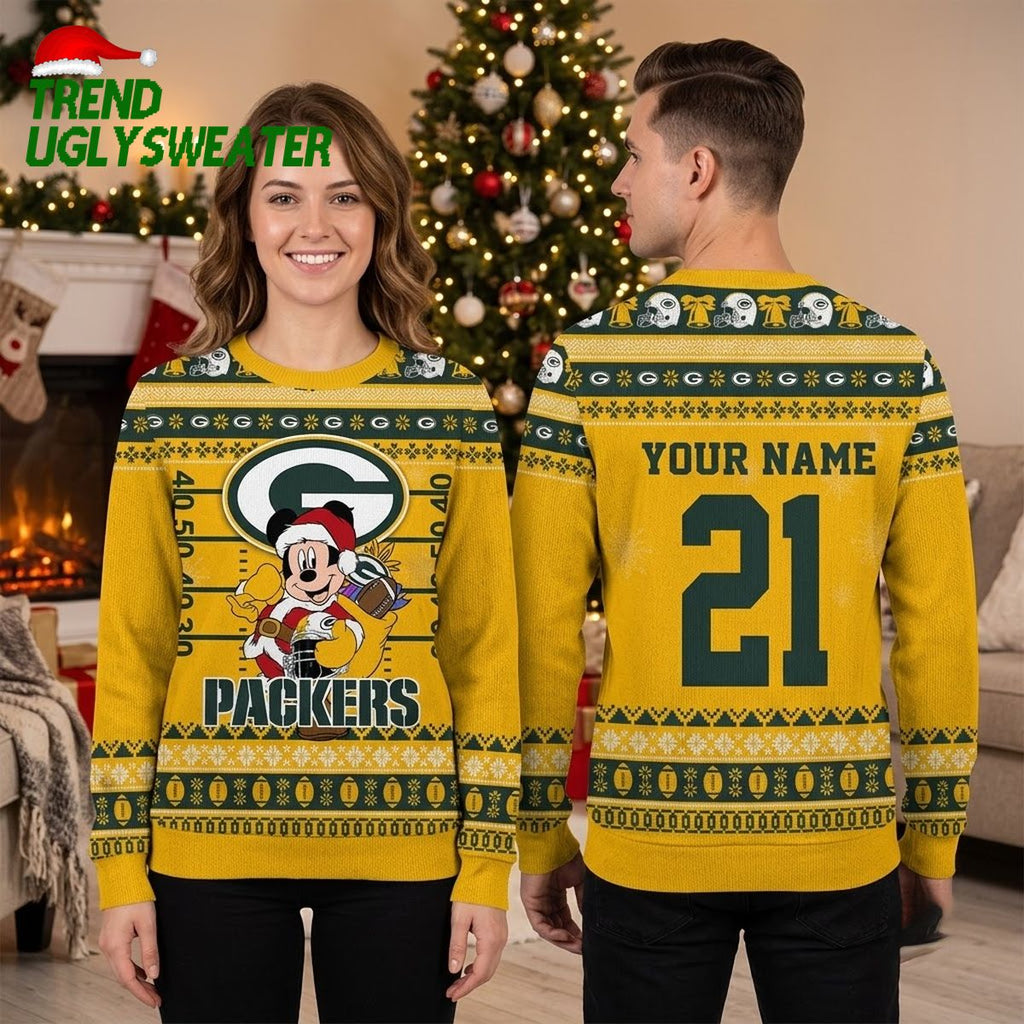 Personalized Green Bay Packers Mickey Santa Custom Name And Number Ugly Christmas Sweater