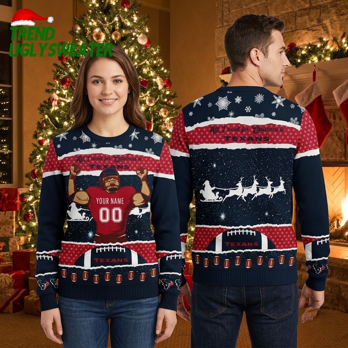 Personalized Houston Texans Football Player Custom Name And Number Ugly Christmas Sweater