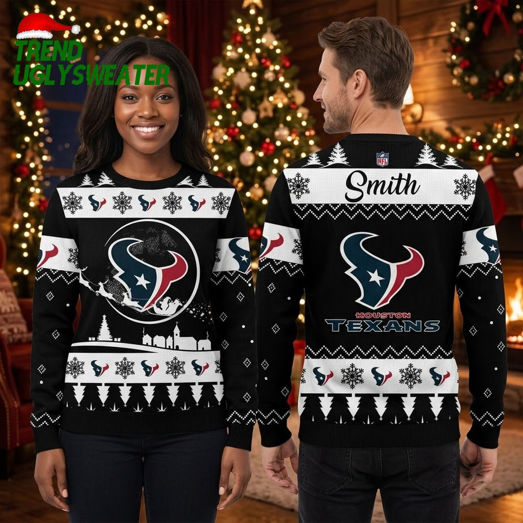 Personalized Houston Texans Santa Sleigh Custom Name Ugly Christmas Sweater Game Day Gift