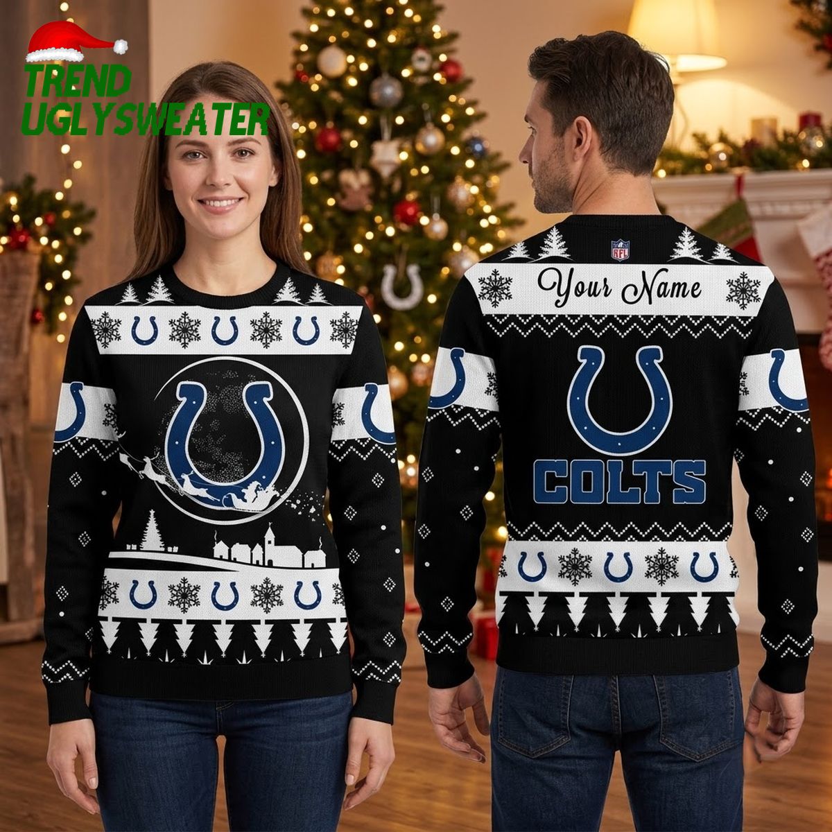 Personalized Indianapolis Colts Horseshoe Snowflake Custom Name Ugly Christmas Sweater Gift For Fans
