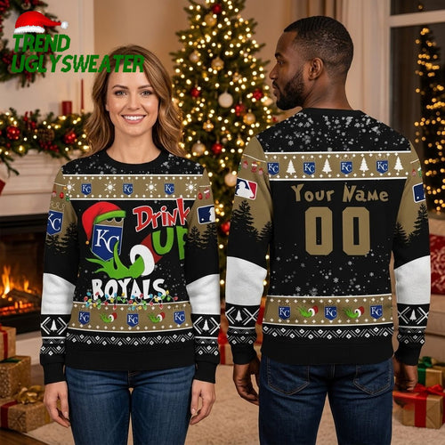 Personalized Kansas City Royals Grinch Drink Up Custom Name And Number Ugly Christmas Sweater