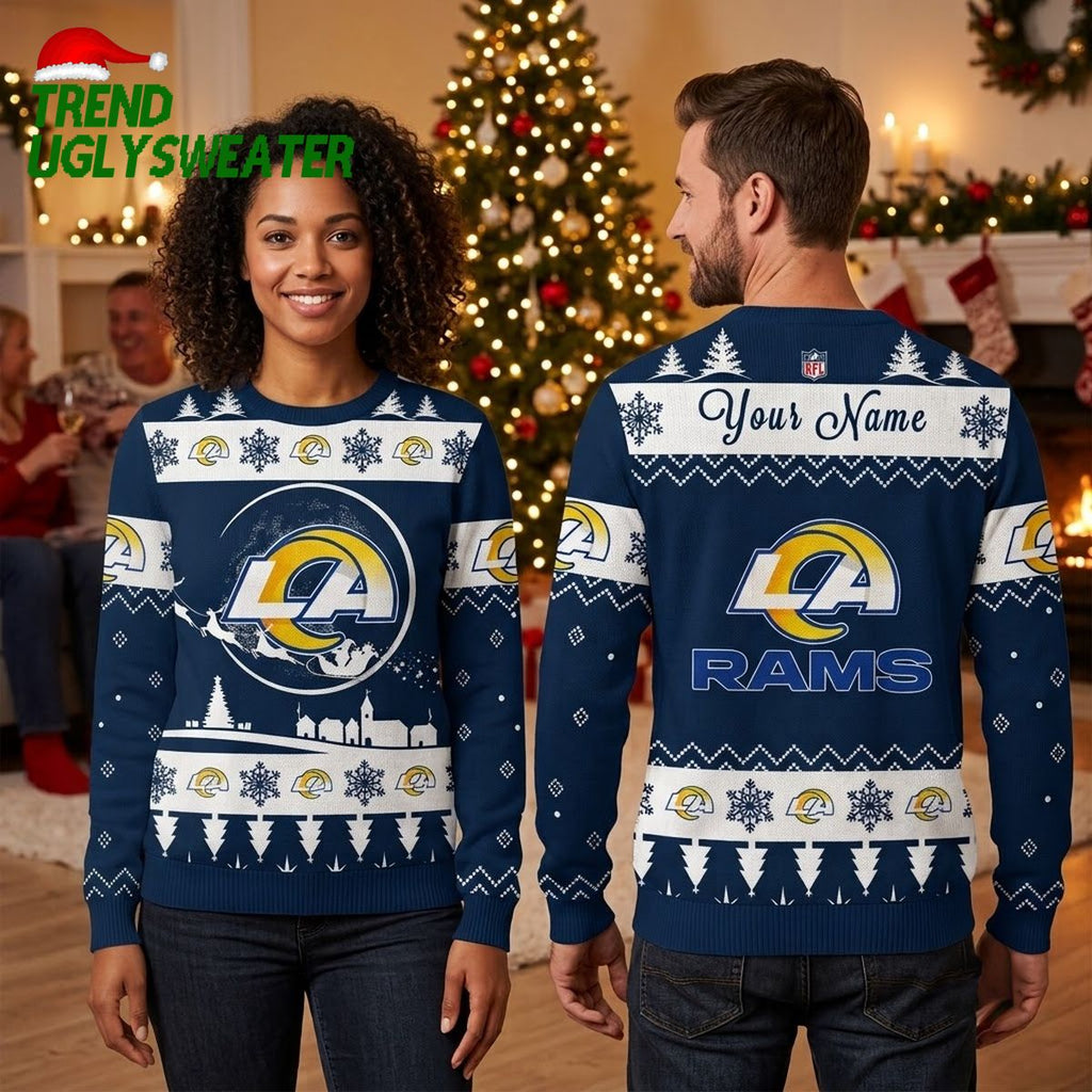 Personalized Los Angeles Rams Logo Custom Name Navy Blue Ugly Christmas Sweater