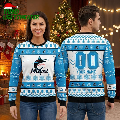 Personalized Miami Marlins Logo Snowflake Pattern Custom Name And Number Ugly Christmas Sweater