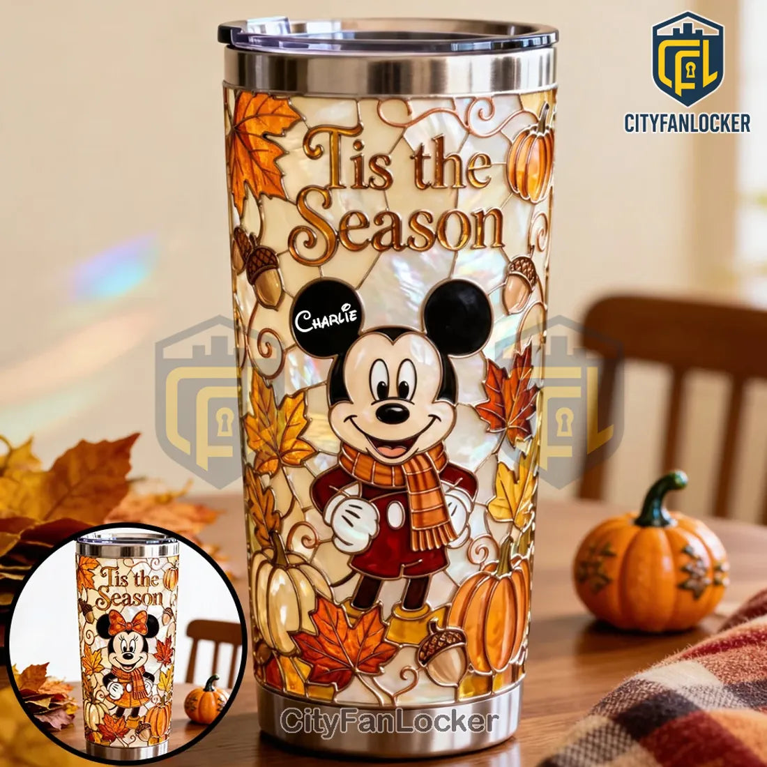 Personalized Mickey Mouse Autumn Leaves Stainless Steel Tumbler