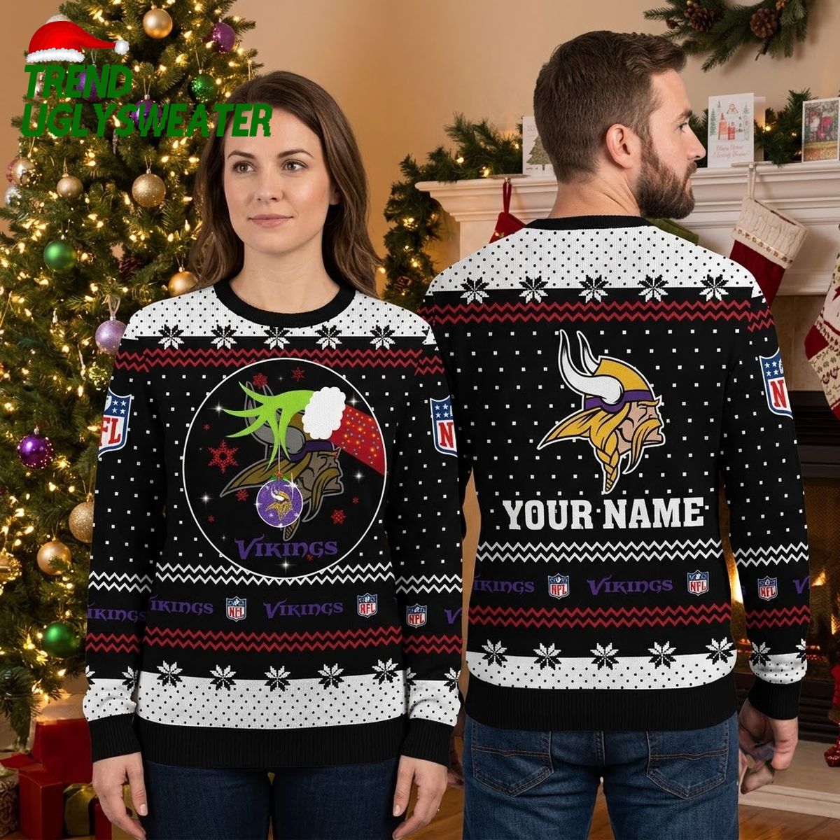 Personalized Minnesota Vikings Grinch Hands Custom Name Ugly Christmas Sweater