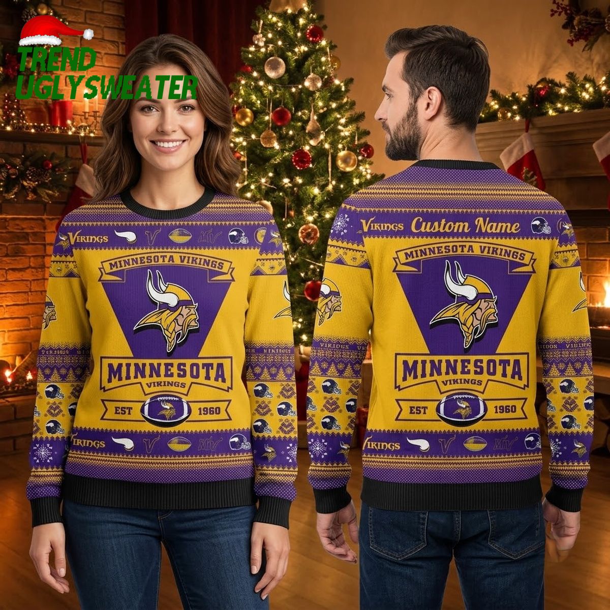 Personalized Minnesota Vikings Helmet Pattern Custom Name Ugly Christmas Sweater