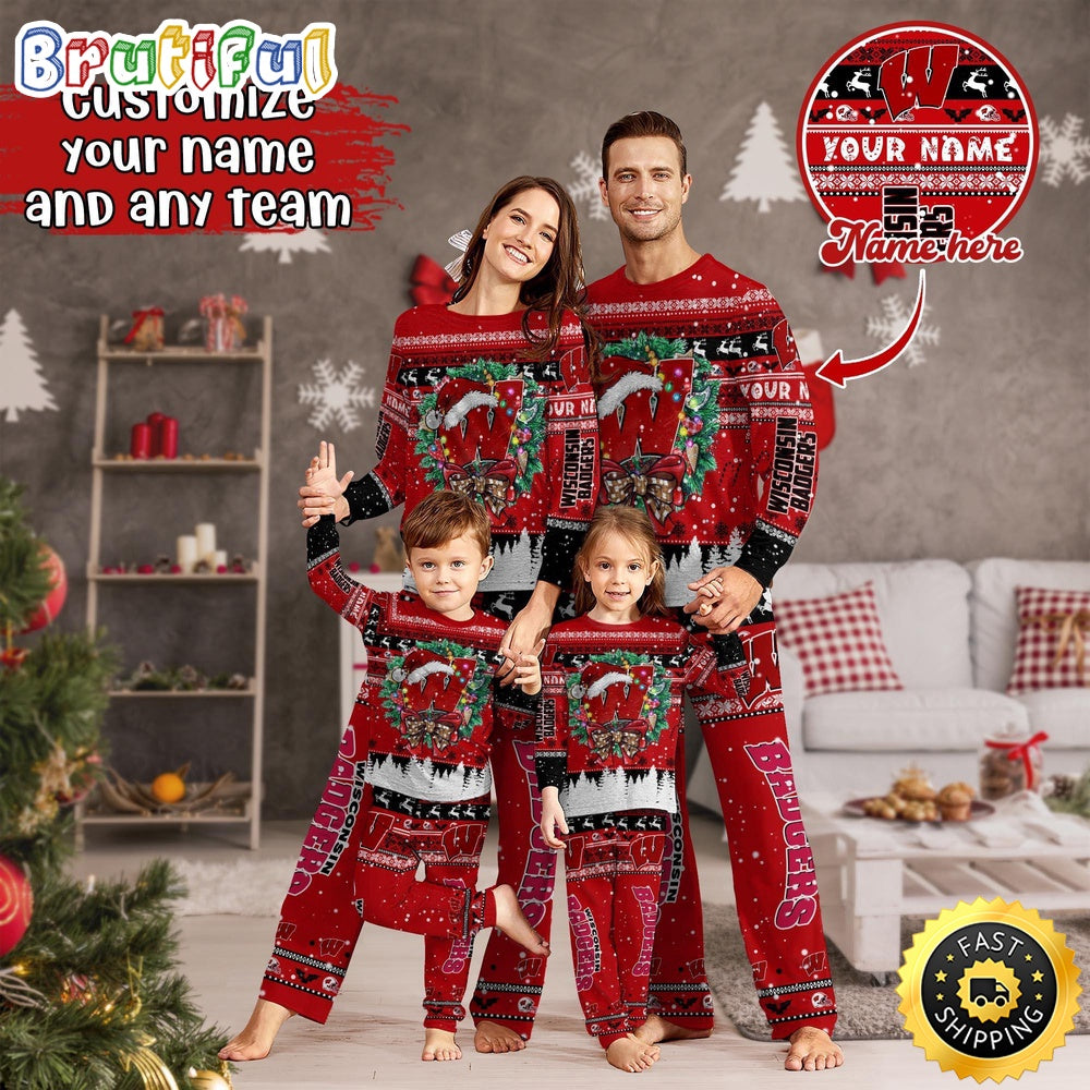 Personalized NCAA Wisconsin Badgers Pajamas Xmas For Sports Fan
