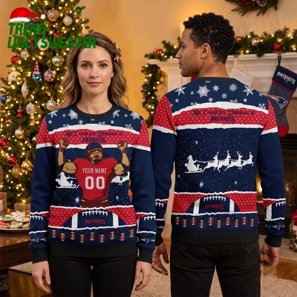 Personalized New England Patriots Football Player Custom Name And Number Ugly Christmas Sweater