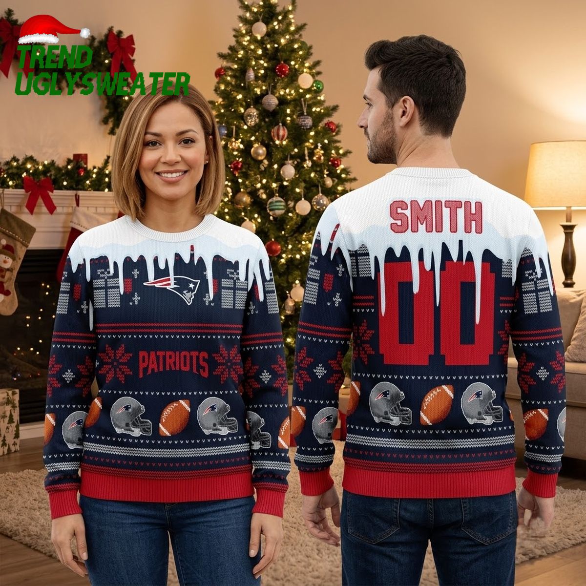 Personalized New England Patriots Icicle Logo Custom Name And Number Navy Blue Ugly Christmas Sweater