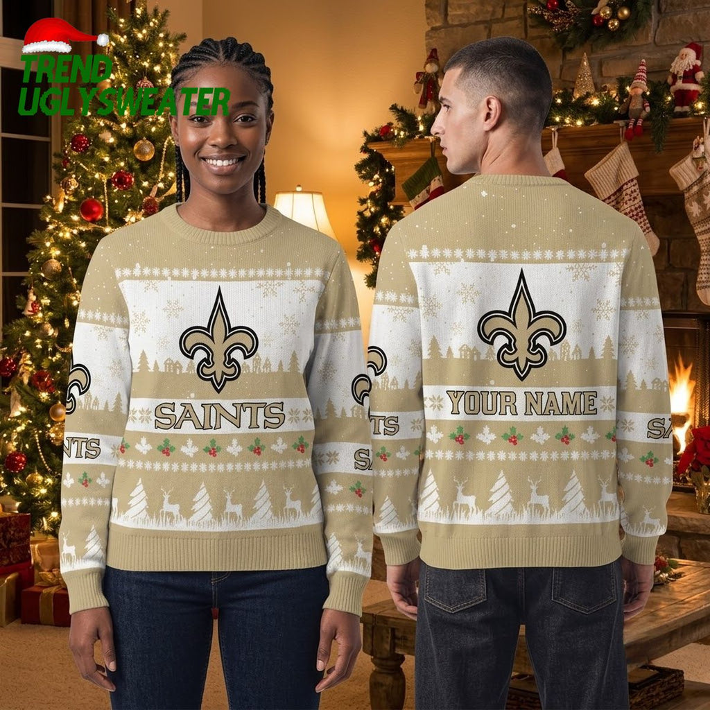 Personalized New Orleans Saints Fleur De Lis Custom Name Beige Ugly Christmas Sweater