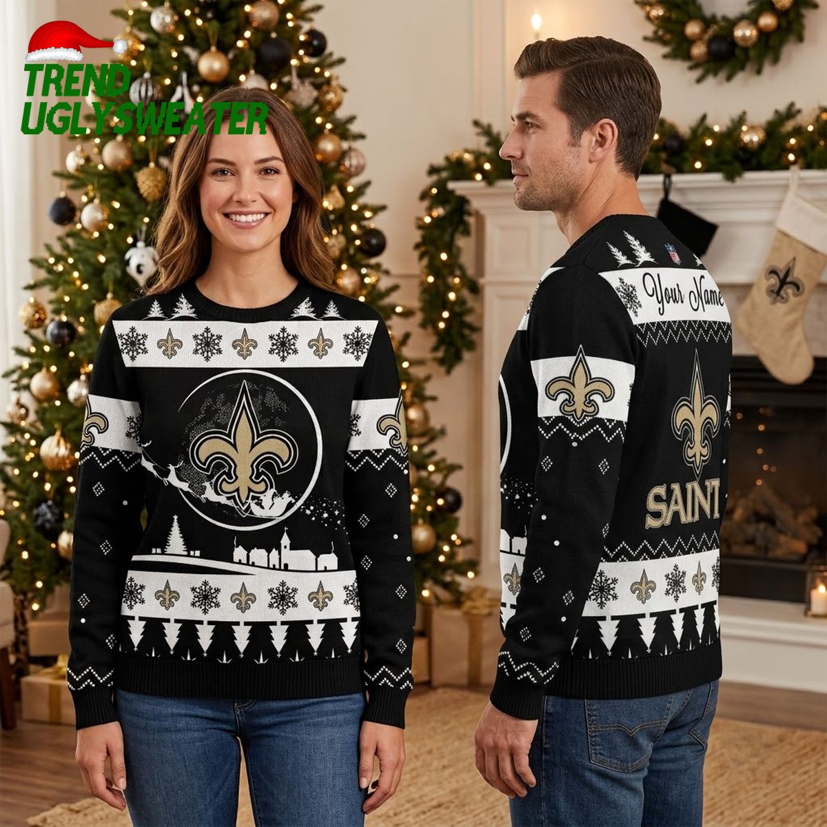 Personalized New Orleans Saints Fleur De Lis Custom Name Black Ugly Christmas Sweater