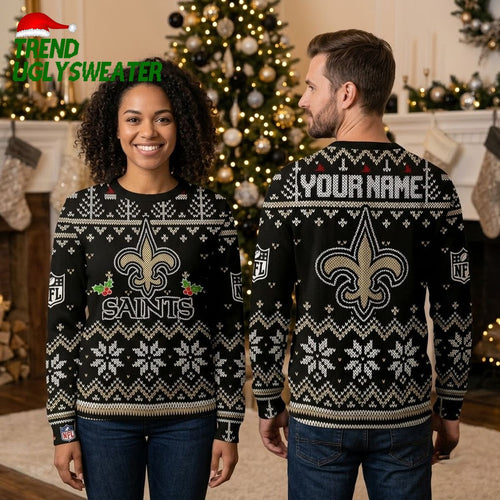 Personalized New Orleans Saints Fleur De Lis Custom Name Ugly Christmas Sweater