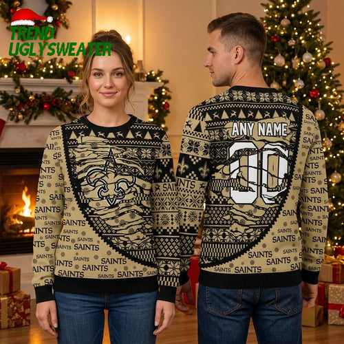Personalized New Orleans Saints Football Helmet Custom Name And Number Ugly Christmas Sweater