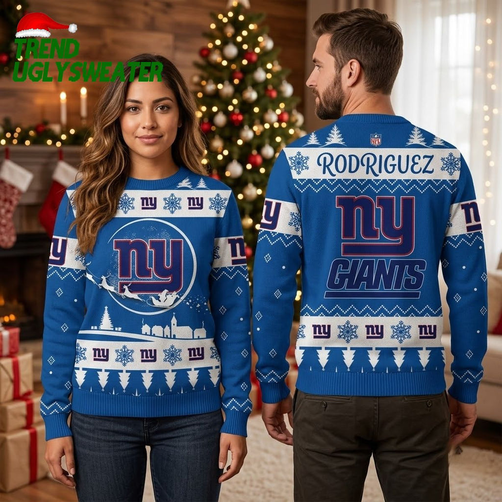 Personalized New York Giants Santa Sleigh Custom Name Ugly Christmas Sweater