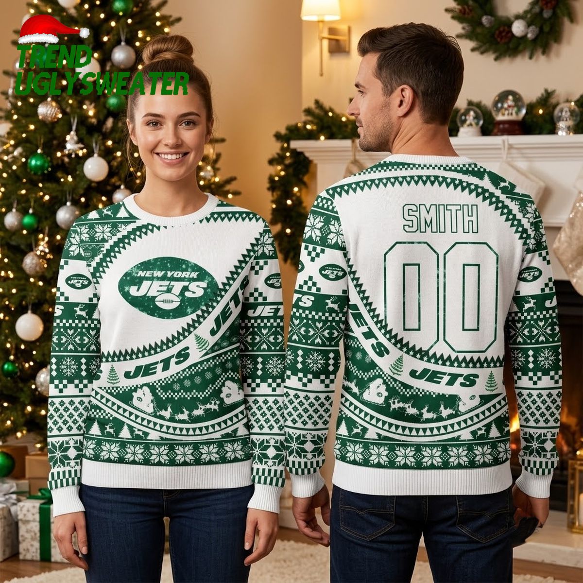 Personalized New York Jets Custom Name And Number Snowflake Pattern Ugly Christmas Sweater