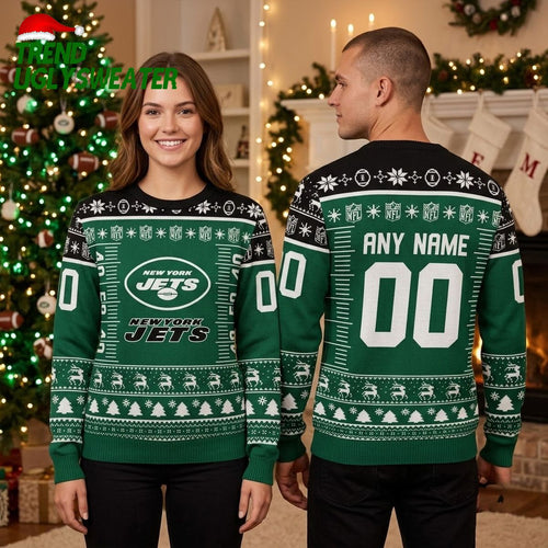 Personalized New York Jets Football Field Custom Name And Number Ugly Christmas Sweater