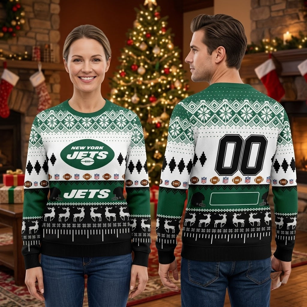 Personalized New York Jets Football Field Custom Name And Number Ugly Christmas Sweater