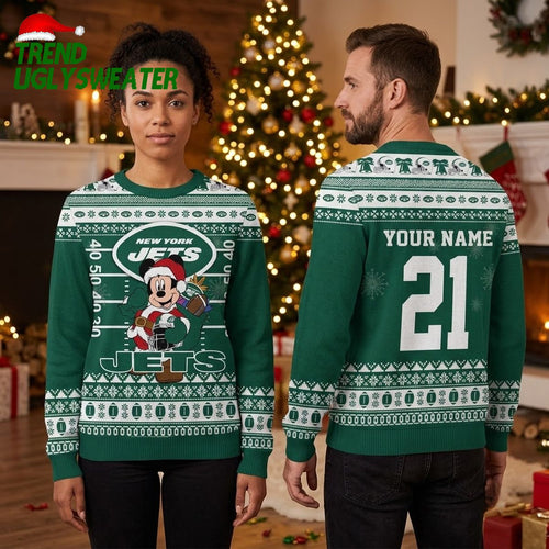 Personalized New York Jets Mickey Mouse Santa Custom Name And Number Ugly Christmas Sweater