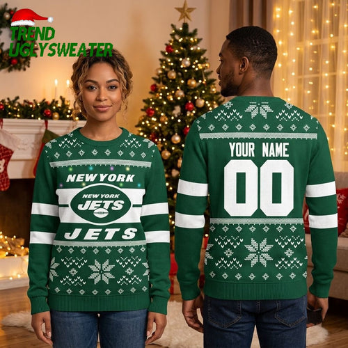 Personalized New York Jets Snowflake Custom Name And Number Ugly Christmas Sweater