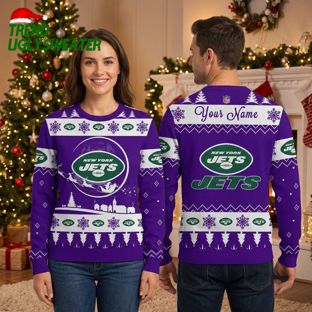 Personalized New York Jets Snowflake Santa Sleigh Custom Name Ugly Christmas Sweater