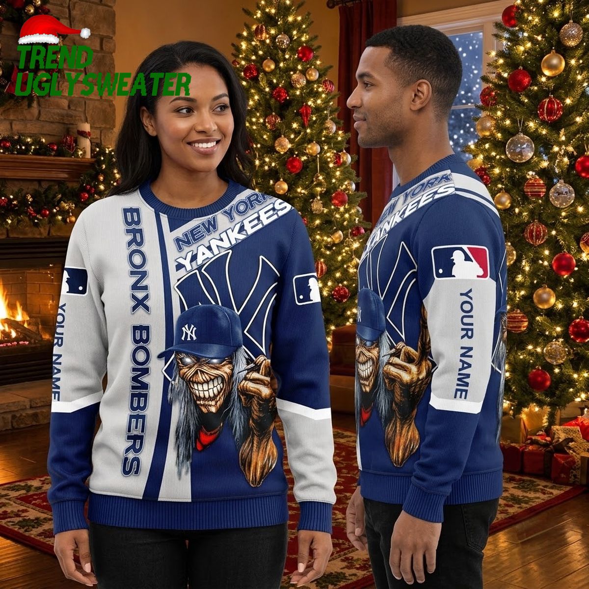Personalized New York Yankees Skull Baseball Player Custom Name Ugly Christmas Sweater