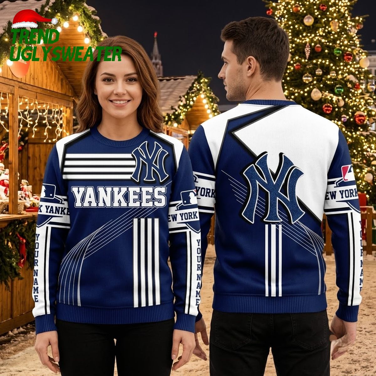 Personalized New York Yankees Striped Logo Custom Name Ugly Christmas Sweater