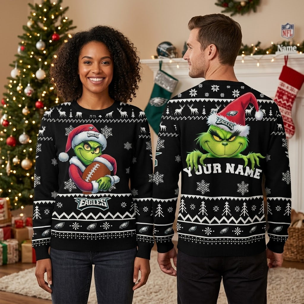 Personalized Philadelphia Eagles Grinch Football Custom Name Ugly Christmas Sweater
