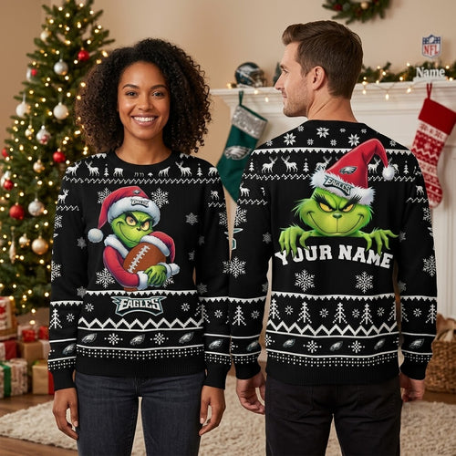 Personalized Philadelphia Eagles Grinch Football Custom Name Ugly Christmas Sweater