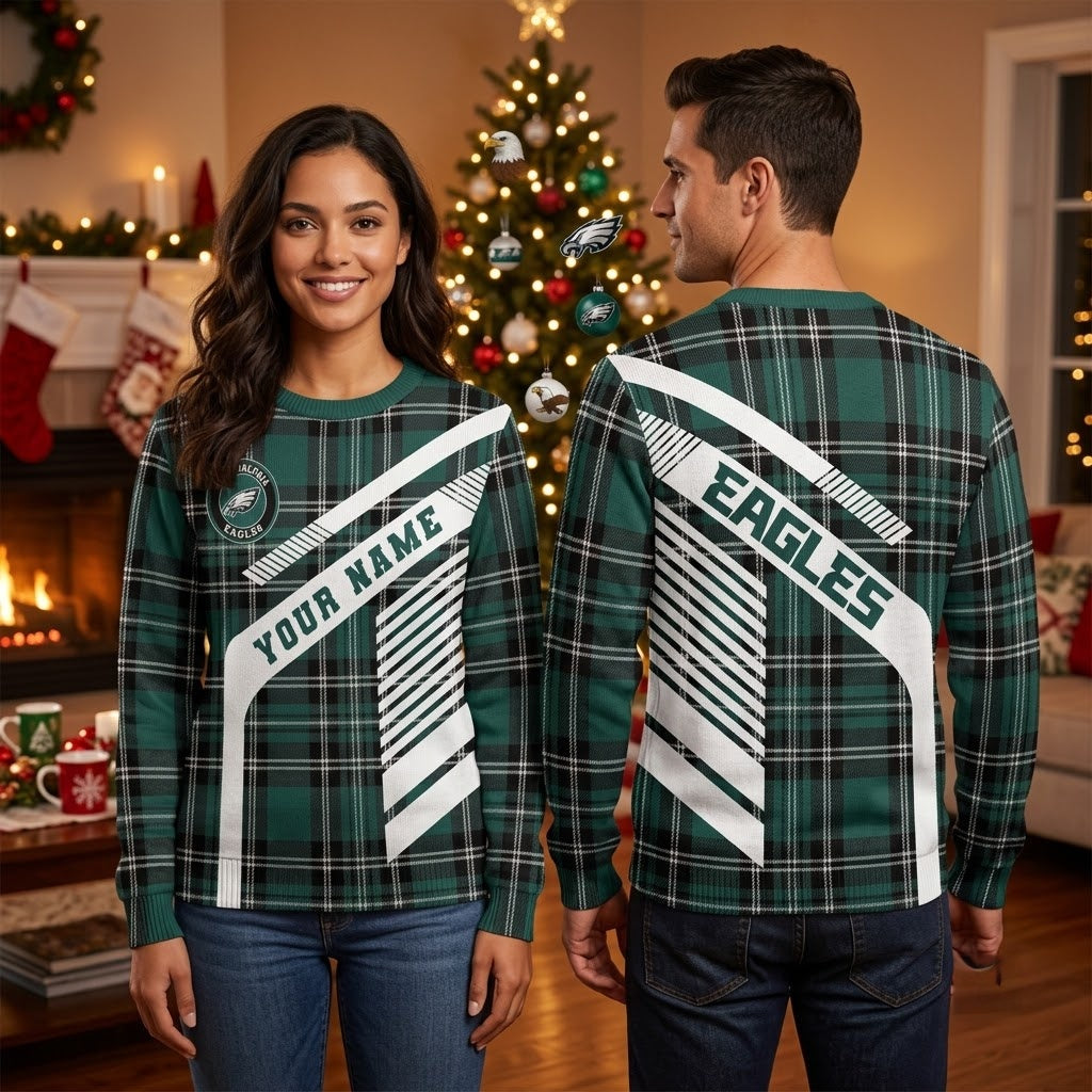 Personalized Philadelphia Eagles Plaid Custom Name Christmas Sweater