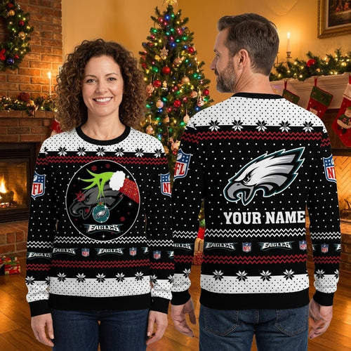 Personalized Philadelphia Eagles Santa Hat Logo Custom Name Ugly Christmas Sweater