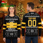 Personalized Pittsburgh Pirates Snowflake Stripes Custom Name And Number Ugly Christmas Sweater