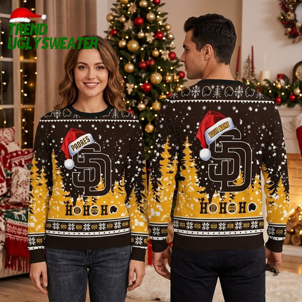 Personalized San Diego Padres Santa Hat SD Logo Ugly Christmas Sweater