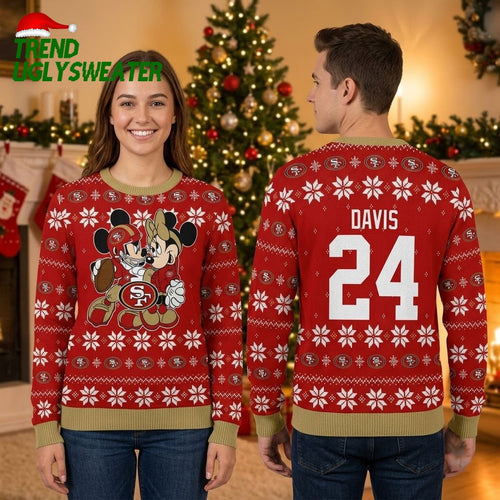 Personalized San Francisco 49ers Mickey And Minnie Custom Name And Number Ugly Christmas Sweater