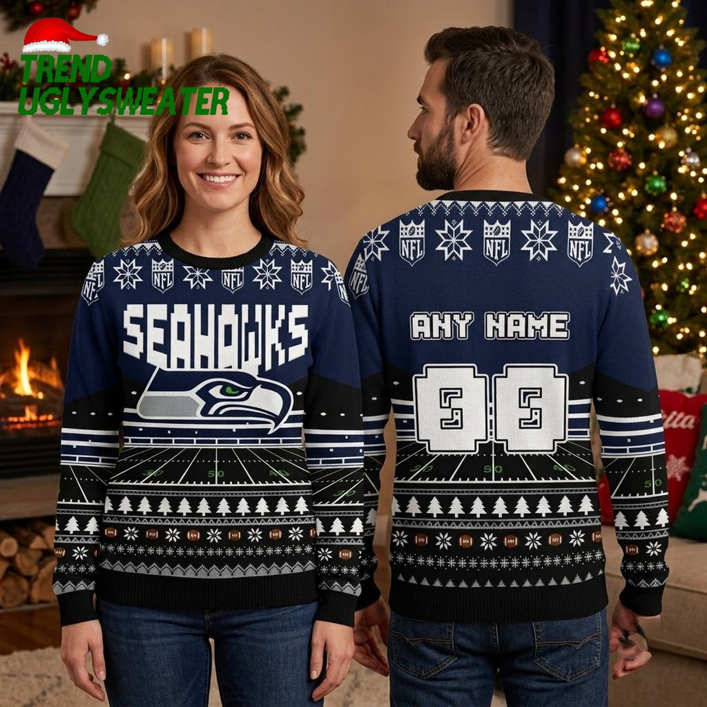 Personalized Seattle Seahawks Football Field Custom Name And Number Ugly Christmas Sweater