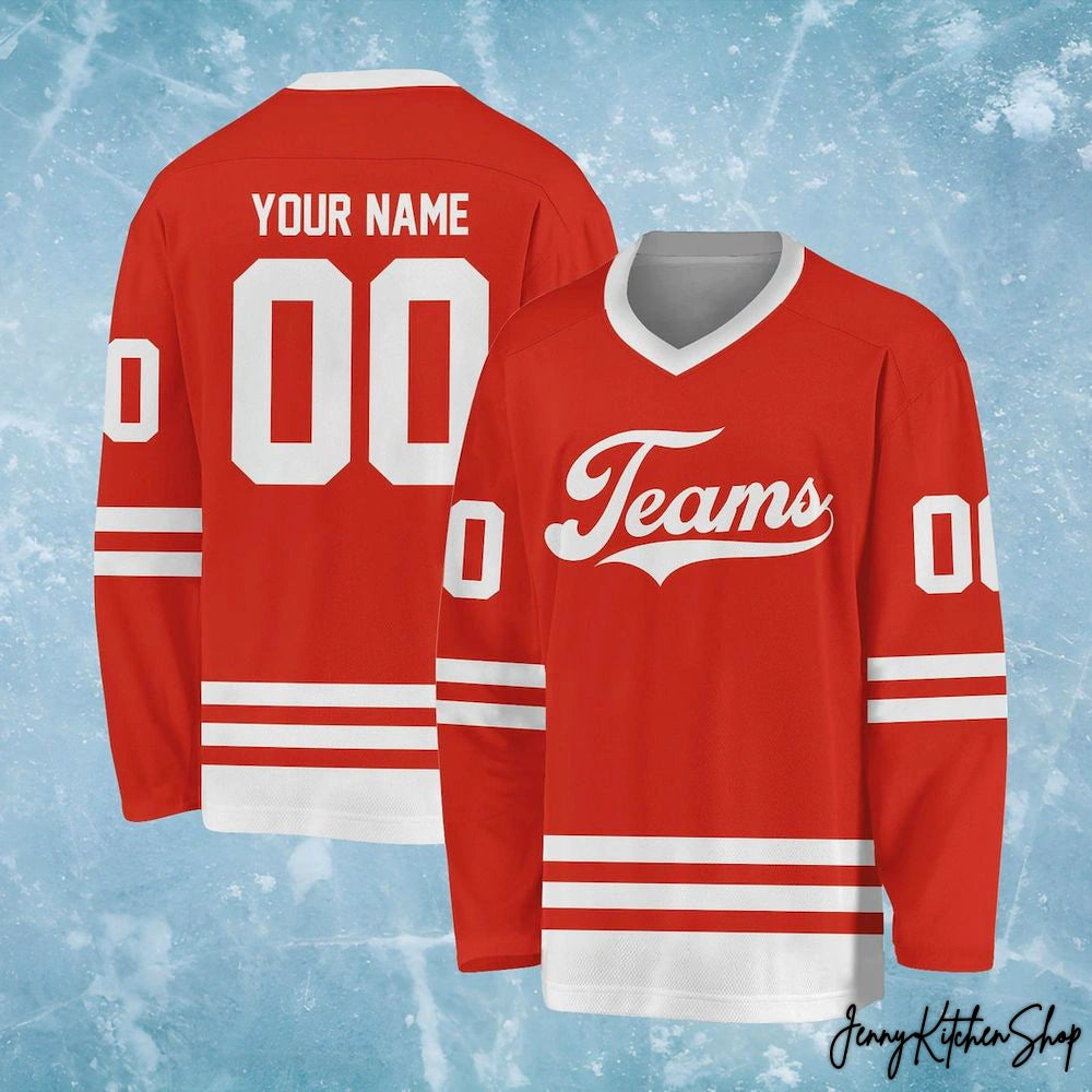 Personalized Team Name And Number Red Hockey Jersey
