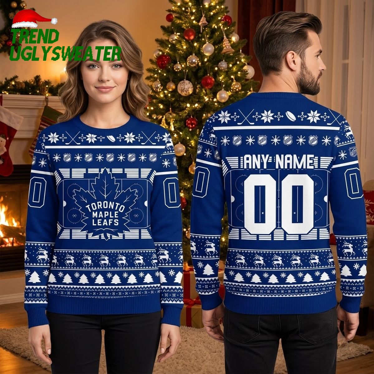 Personalized Toronto Maple Leafs Hockey Rink Logo Custom Name And Number Blue Ugly Christmas Sweater