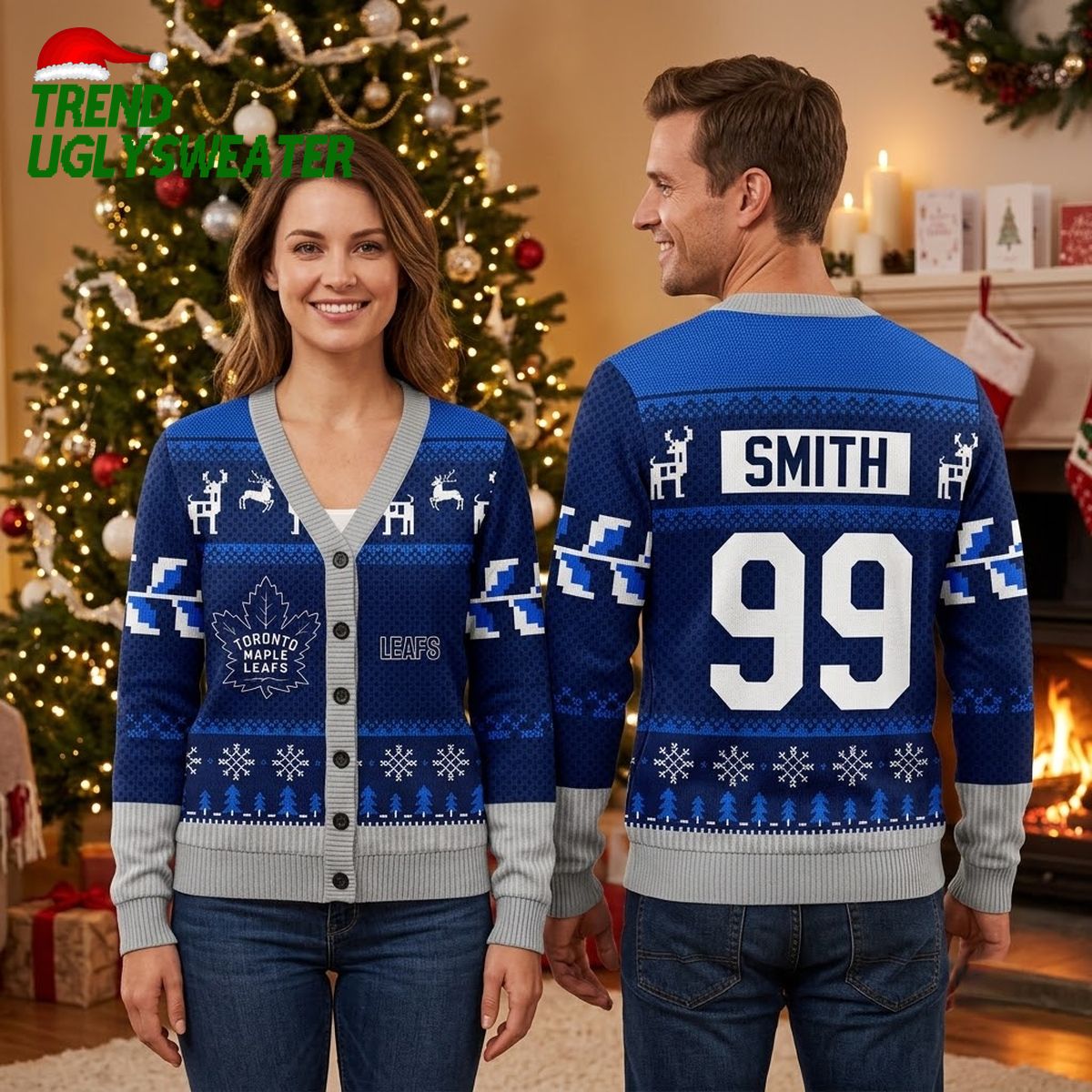 Personalized Toronto Maple Leafs Reindeer Pattern Custom Name And Number Blue Ugly Christmas Sweater