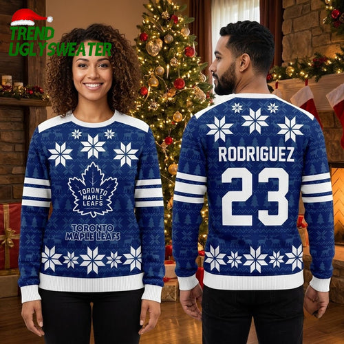 Personalized Toronto Maple Leafs Snowflake Custom Name And Number Blue Ugly Christmas Sweater