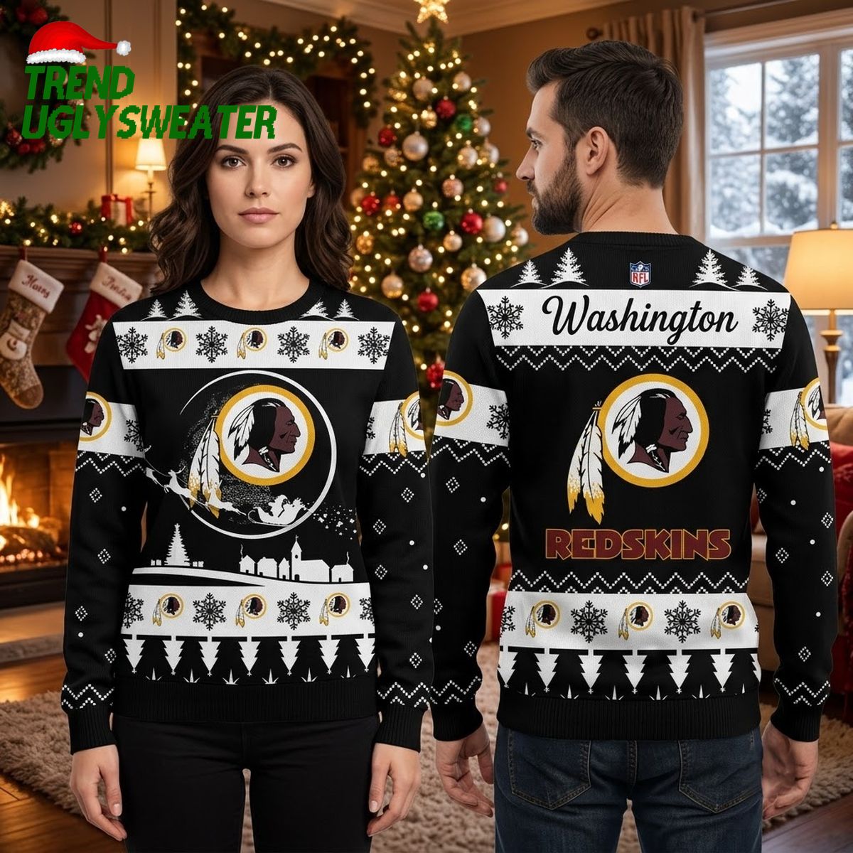 Personalized Washington Redskins Native American Logo Snowflake Custom Name Ugly Christmas Sweater