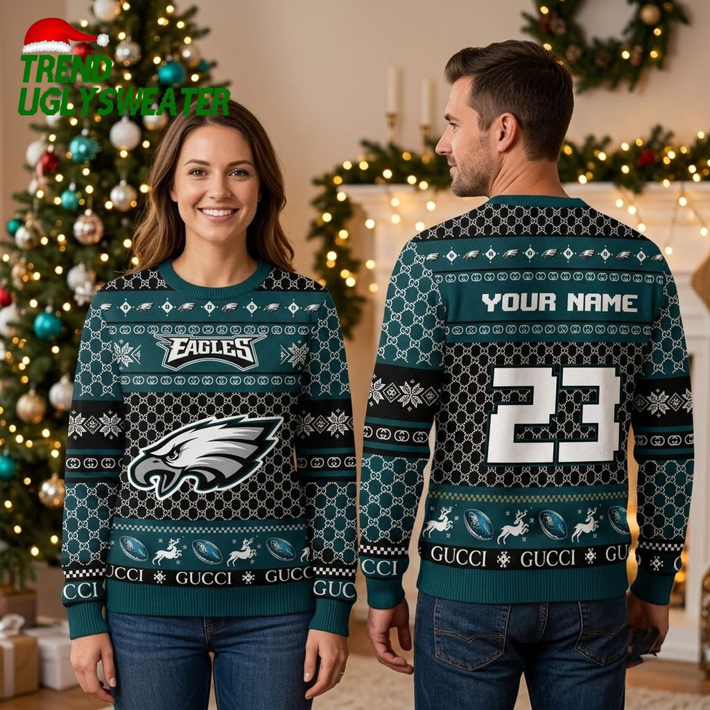 Philadelphia Eagles Custom Name Number Gucci Style Ugly Christmas Sweater