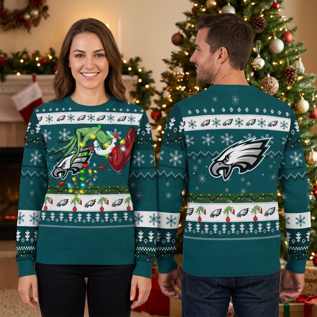 Philadelphia Eagles Grinch Hand Football Lights Ugly Christmas Sweater