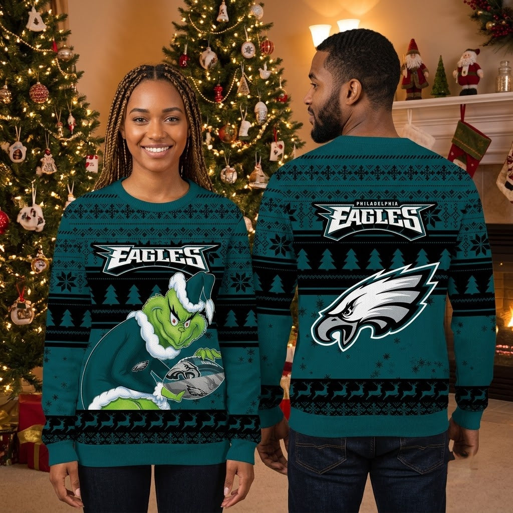 Philadelphia Eagles Grinch Holding Football Ugly Christmas Sweater