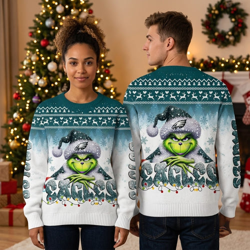 Philadelphia Eagles Grinch Santa Hat Sacks Ugly Christmas Sweater