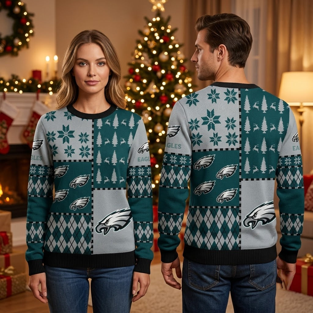 Philadelphia Eagles Logo Snowflake And Pine Tree Ugly Christmas Sweater