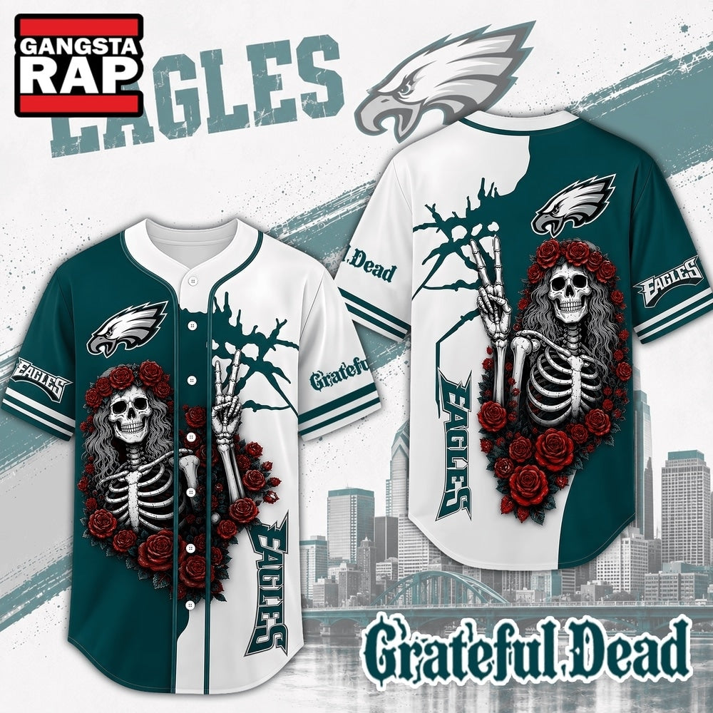 Philadelphia Eagles NFL Game Day Grateful Dead Baseball Jersey Shirt