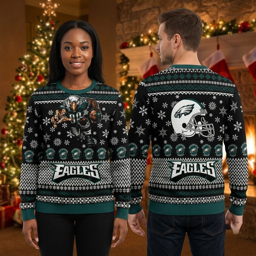 Philadelphia Eagles Rushing Eagle Mascot Snowflake Ugly Christmas Sweater