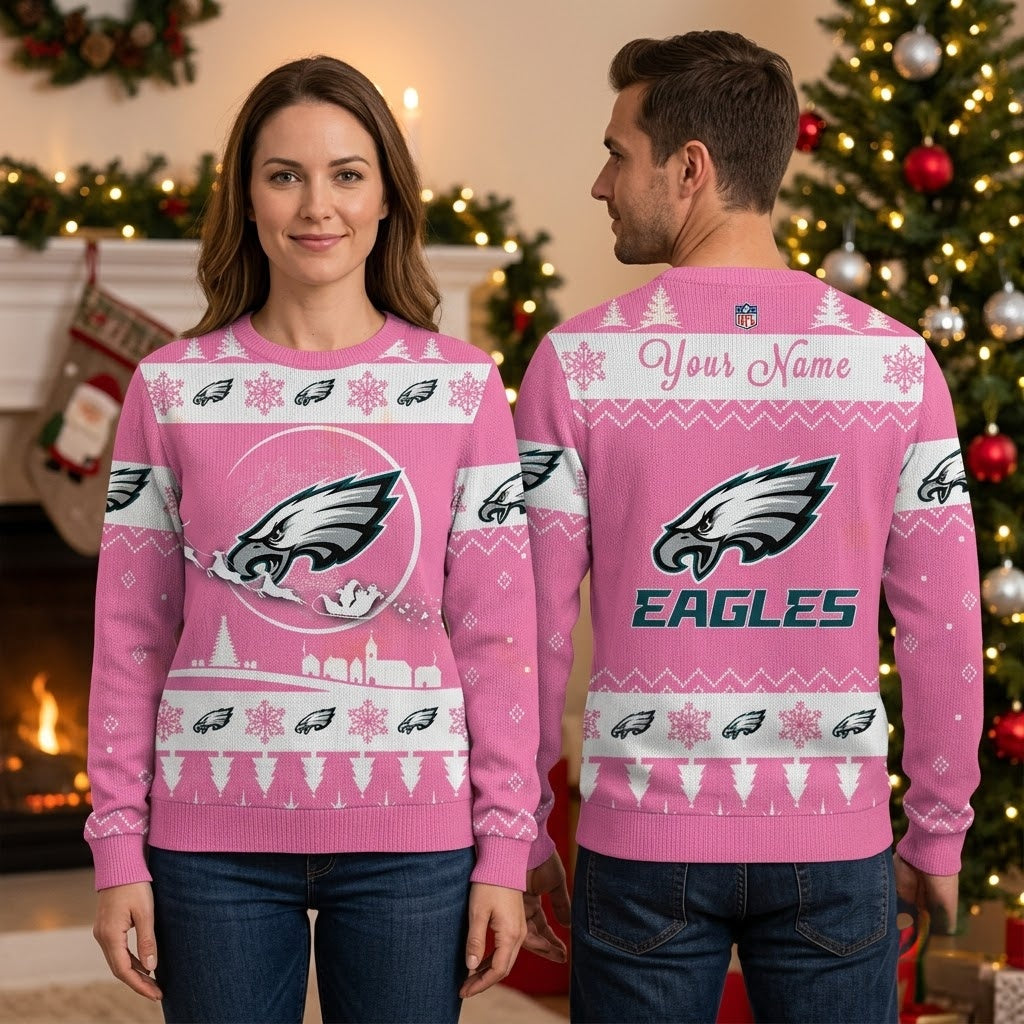 Philadelphia Eagles Santa Sleigh Pink Ugly Christmas Sweater